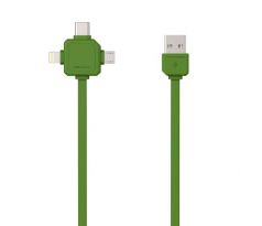 Kabel USB (2.0), USB A M- USB C / Lightning / Micro-USB, 1.5m, 3v1, zelený, Powercube, plochý